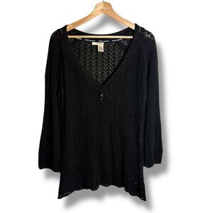 DKNY Semi Sheer Lace Knit V-Neck Black Henley Sweater